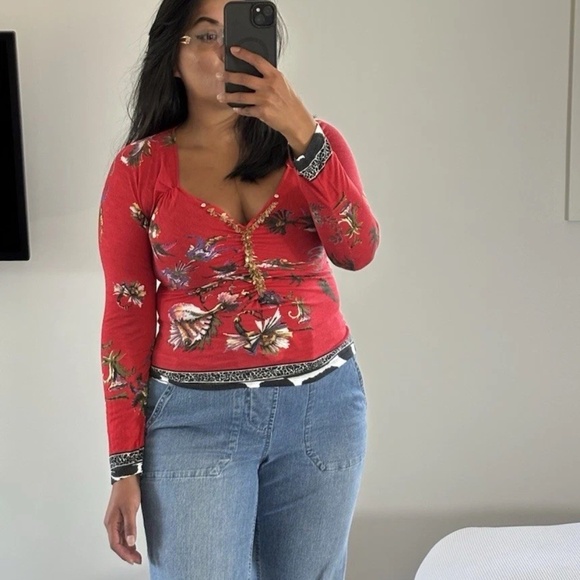 Roberto Cavalli CLASS *Vintage* Sweater Long Sleeve Red Floral Sz 8 US Authentic - Picture 2 of 14